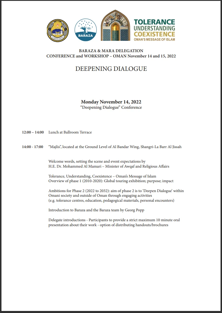 program of the workshop: DEEPENING DIALOGUE - 14-15 Novermber 2022 - Muscat, Oman