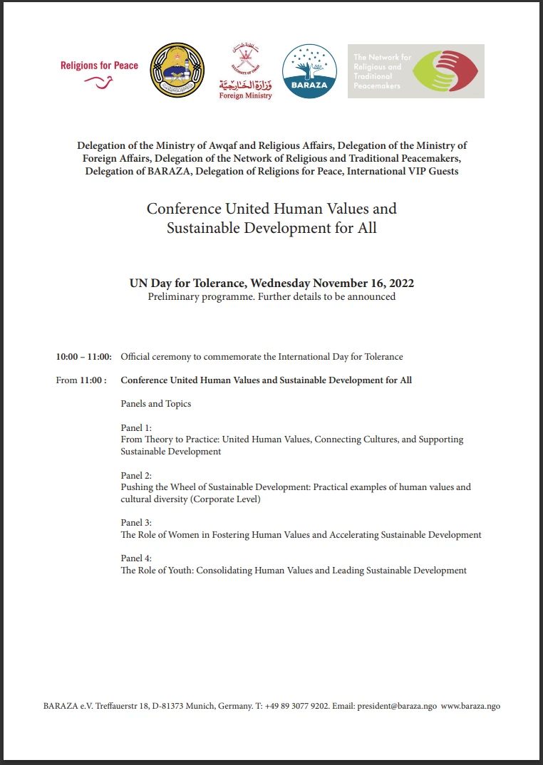 program of the conference: United Human Values and Sustainable Development for All - 16 Novermber 2022 - Muscat, Oman
